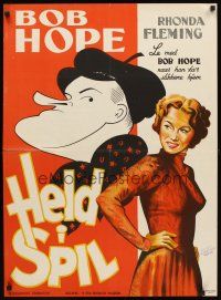 3b651 GREAT LOVER Danish '52 Hirschfeld art of Bob Hope, sexy Rhonda Fleming!