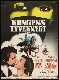 3b679 KING'S THIEF Danish '59 Ann Blyth romancing Edmund Purdom & art of masked Purdom on horse!