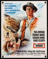 3b270 HOMBRE French 15x21 '66 cool art of Paul Newman by Boris Grinsson, directed by Martin Ritt!