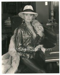3c138 BRITT EKLAND 8x10 still '60s close up in sexy outfit with hat & holding fur coat at piano!