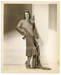 3c564 LORETTA YOUNG 8x10 still '30s full-length with cool butterfly jewelry & holding fur!