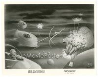 3c661 MYSTERIANS 8x10 still '59 art of alien ships destroying satellite by Lt. Col. Robert Rigg!