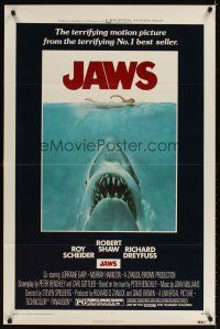 3f001 JAWS 1sh '75 art of Spielberg's classic man-eating shark attacking swimmer!