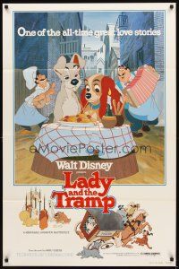 3f415 LADY & THE TRAMP 1sh R80 most romantic spaghetti scene from Disney dog classic!
