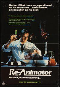 3f629 RE-ANIMATOR video 1sh '85 great image of mad scientist with severed head in bowl!
