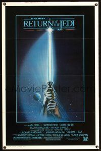 3f642 RETURN OF THE JEDI 1sh '83 George Lucas classic, great art of hands holding lightsaber!
