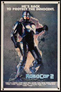3f656 ROBOCOP 2 int'l 1sh '90 cyborg policeman Peter Weller busts through wall, scii-fi sequel!