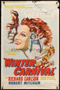 3f858 WINTER CARNIVAL 1sh R48 Ann Sheridan, Robert Mitchum top billed, great snow sports art!
