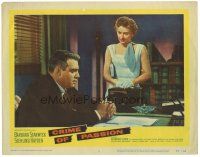 3e311 CRIME OF PASSION LC #2 '57 Barbara Stanwyck talks to Raymond Burr sitting at desk!