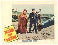 3e470 HAND OF DEATH LC #7 '62 Paula Raymond with cop pointing gun at cheesy monster on beach!