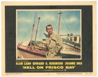 3e483 HELL ON FRISCO BAY LC #8 '56 great close up of Alan Ladd standing in front of boat!