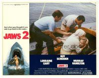 3e529 JAWS 2 LC '78 Roy Scheider & Lorraine Gary in boat with son in shock after shark attack!