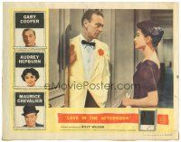 3e574 LOVE IN THE AFTERNOON LC '57 pretty Audrey Hepburn looks at Gary Cooper in tuxedo!