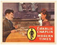 3e612 MODERN TIMES LC R60s close up of Charlie Chaplin smiling at Paulette Goddard at table!