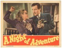 3e659 NIGHT OF ADVENTURE LC '44 close up of Tom Conway grabbing gun from pretty Audrey Long!
