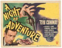 3e084 NIGHT OF ADVENTURE TC '44 Tom Conway, cool dangling gun & dead girl crime artwork!