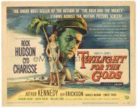 3e128 TWILIGHT FOR THE GODS TC '58 great art of Rock Hudson & sexy Cyd Charisse on beach!