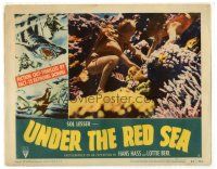 3e926 UNDER THE RED SEA LAMINATED LC #8 '52 cool c/u of scuba divers exploring coral reef!