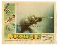 3e928 UNDERSEA GIRL LC #2 '57 cool close up of deep sea scuba diver pointing spear gun!