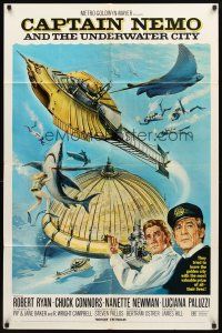 3g141 CAPTAIN NEMO & THE UNDERWATER CITY 1sh '70 artwork of cast, scuba divers & cool ship!