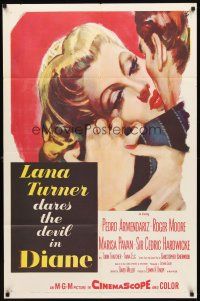 3g199 DIANE 1sh '56 sexy Lana Turner dares the devil, great close up romantic artwork!