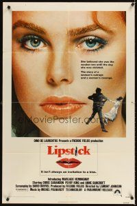 3g445 LIPSTICK 1sh '76 super close up of sexy Margaux Hemingway, the story of a woman's revenge!