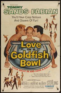 3g470 LOVE IN A GOLDFISH BOWL 1sh '61 great art of Tommy Sands & Fabian kissing pretty girl!