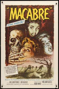 3g490 MACABRE 1sh '58 William Castle, cool art of skeleton & screaming babes in graveyard!