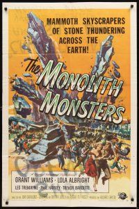 3g526 MONOLITH MONSTERS 1sh '57 classic Reynold Brown sci-fi art of living skyscrapers!