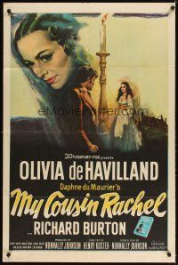 3g545 MY COUSIN RACHEL 1sh '53 artwork of pretty Olivia de Havilland & Richard Burton!