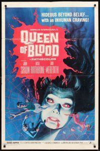 3g666 QUEEN OF BLOOD 1sh '66 Basil Rathbone, cool art of female monster & victims in her web!