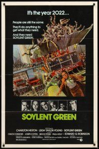 3g807 SOYLENT GREEN 1sh '73 art of Charlton Heston trying to escape riot control by John Solie!