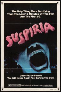 3g846 SUSPIRIA 1sh '77 classic Dario Argento horror, cool close up screaming mouth image!