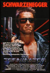 3g875 TERMINATOR 1sh '84 super close up of most classic cyborg Arnold Schwarzenegger with gun!
