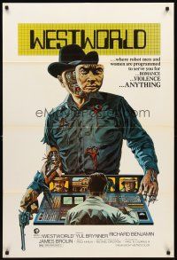 3g961 WESTWORLD 1sh '73 Michael Crichton, cool art of cyborg cowboy Yul Brynner by Neal Adams!