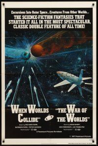 3g965 WHEN WORLDS COLLIDE/WAR OF THE WORLDS 1sh '77 cool sci-fi art of rocket in space by Berkey!