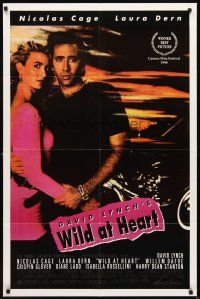 3g973 WILD AT HEART 1sh '90 David Lynch, sexiest image of Nicolas Cage & Laura Dern!