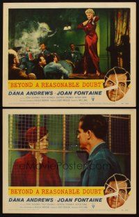 3h864 BEYOND A REASONABLE DOUBT 2 LCs '56 Fritz Lang noir, Dana Andrews & Joan Fontaine!