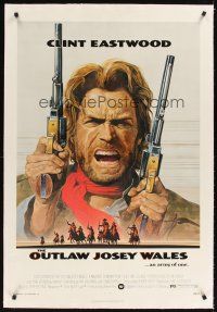 3j407 OUTLAW JOSEY WALES linen 1sh '76 Clint Eastwood is an army of one, cool double-fisted art!