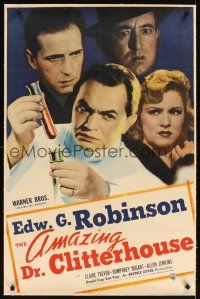 3k251 AMAZING DR. CLITTERHOUSE linen 1sh '38 art of doctor Edward G. Robinson & Humphrey Bogart!