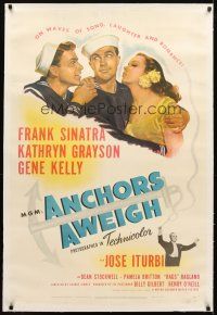 3k252 ANCHORS AWEIGH linen 1sh '45 art of sailors Frank Sinatra & Gene Kelly with Kathryn Grayson!