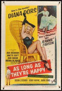 3k257 AS LONG AS THEY'RE HAPPY linen 1sh '57 sexy Diana Dors barely dressed in wicker chair!