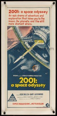 3k058 2001: A SPACE ODYSSEY linen Aust daybill '68 Stanley Kubrick classic, space wheel stone litho