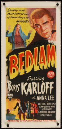 3k059 BEDLAM linen Aust daybill '46 stone litho of madman Boris Karloff, produced by Val Lewton!