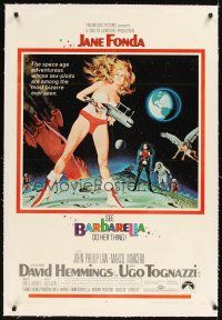3k259 BARBARELLA linen 1sh '68 sexiest sci-fi art of Jane Fonda by Robert McGinnis, Roger Vadim!