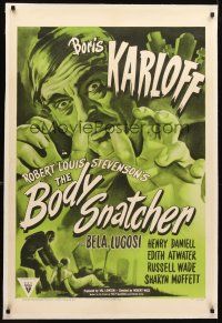 3k273 BODY SNATCHER linen 1sh R52 art of Boris Karloff close up & robbing body from graveyard!