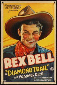 3k308 DIAMOND TRAIL linen 1sh '32 wonderful head & shoulders art of smiling cowboy Rex Bell!