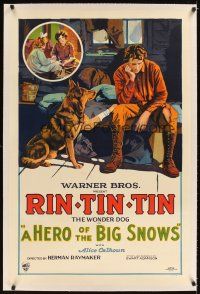 3k352 HERO OF THE BIG SNOWS linen style B 1sh '26 stone litho of Rin Tin Tin consoling his master!