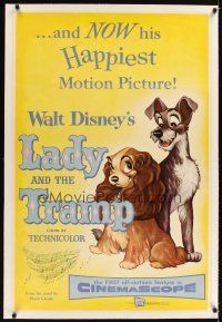 3k382 LADY & THE TRAMP linen 1sh '55 Walt Disney romantic canine dog classic cartoon!