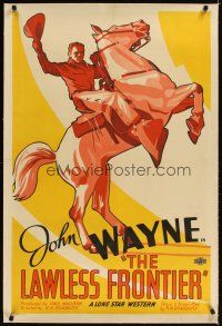 3k388 LAWLESS FRONTIER linen 1sh '34 wonderful art of John Wayne doffing his hat on rearing horse!